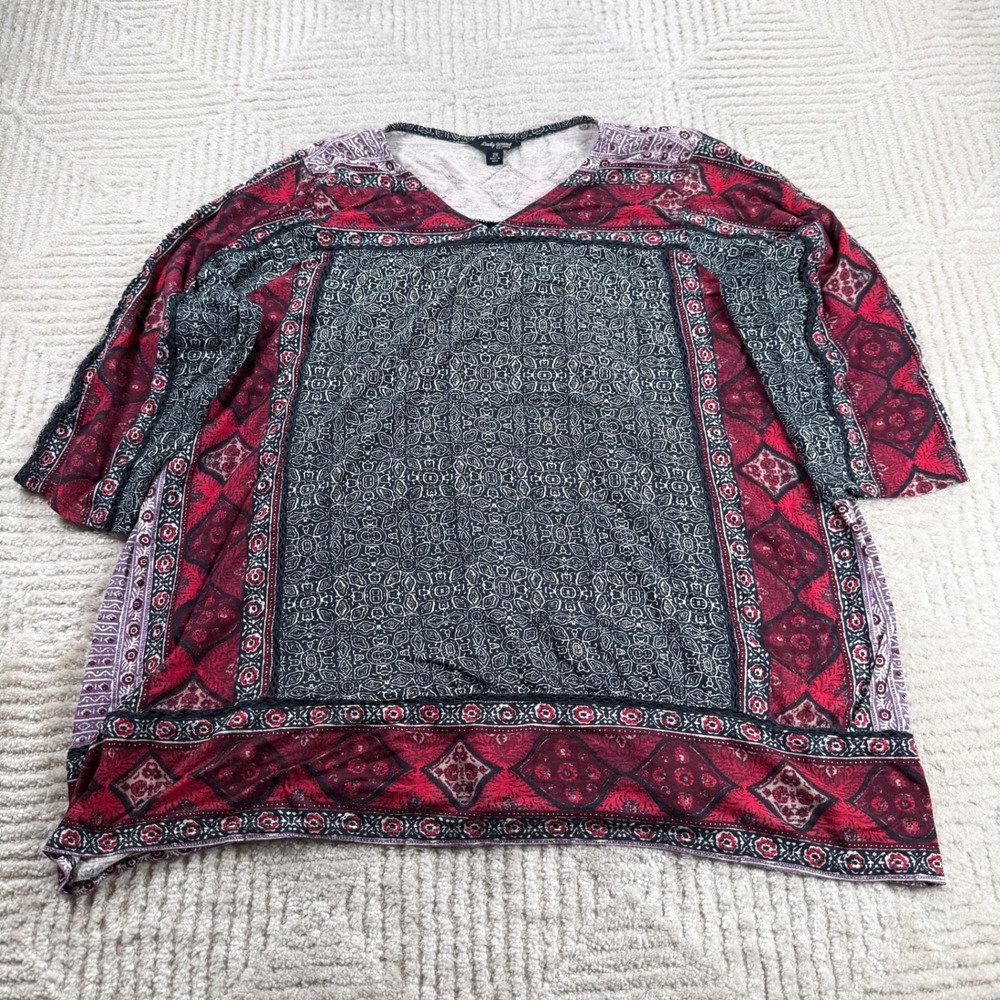 Lucky Brand Top Womens 2X Red Navy Medallion Boho Tile Print Peasant Hippie Plus